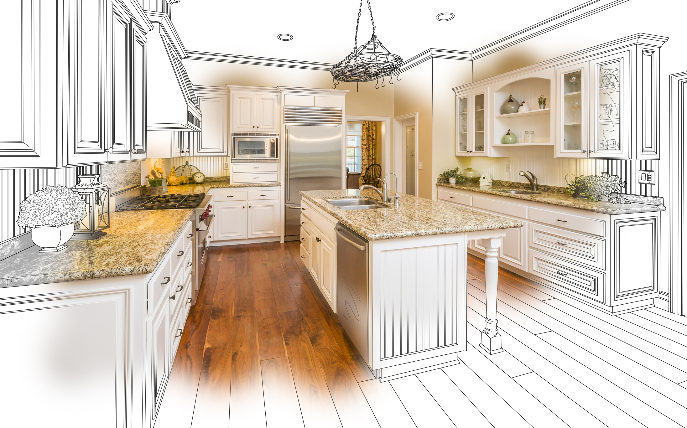 Beautiful Custom Kitchen Design Drawing and Brushed In Photo Combination.